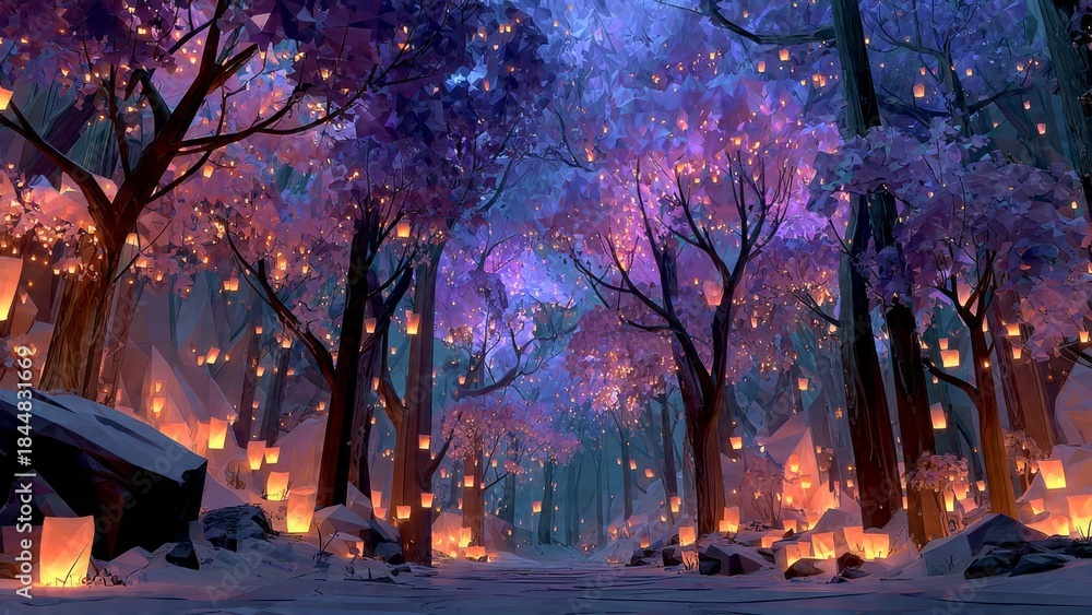 Fototapeta premium Enchanted Forest at Night with Glowing Lanterns and River