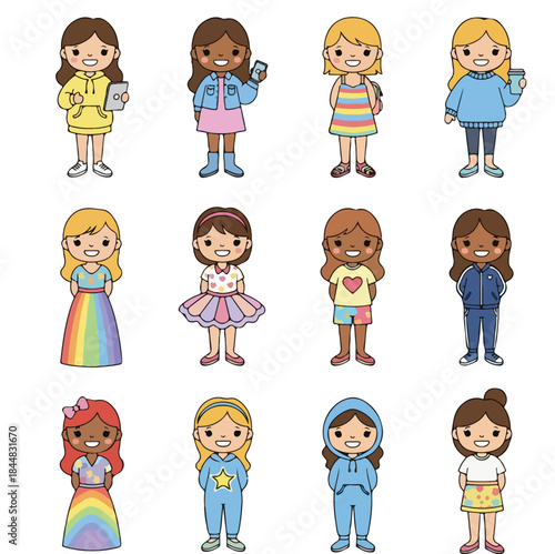 Adorable Collection of Diverse Young Girls and Children in Casual Outfits - Cute Vector Illustrations Set