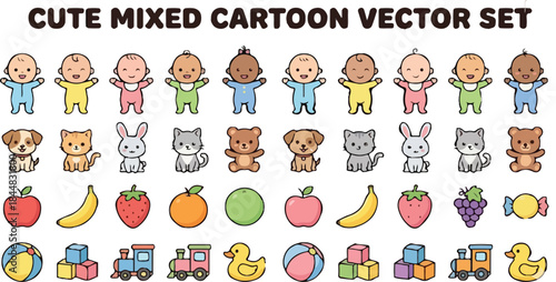 Adorable Cartoon Collection of Baby, Animals, Fruits, and Toys