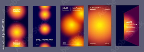 A series of five vibrant, abstract posters with glowing orange and yellow gradients on a dark background. Each poster features text related to a hackathon event, including sessions, presentations