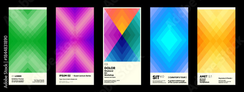 A vibrant collection of five abstract posters featuring geometric patterns in various colors. Each poster includes text elements promoting different art events, such as exhibitions, workshops