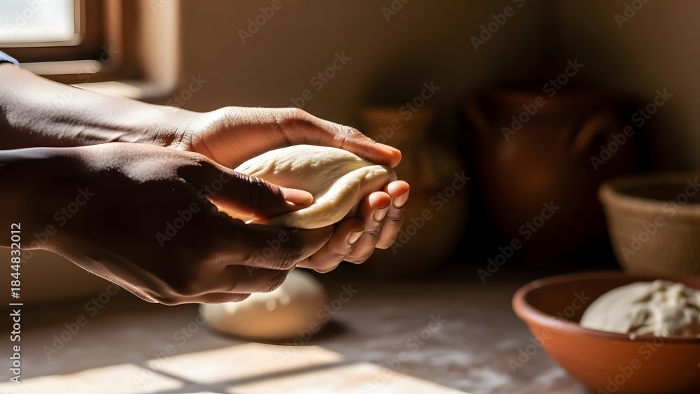 Obraz premium Crafting the Perfect Dough: A close-up shot captures the skillful hands of an individual, expertly kneading dough, the scene bathed in warm sunlight.