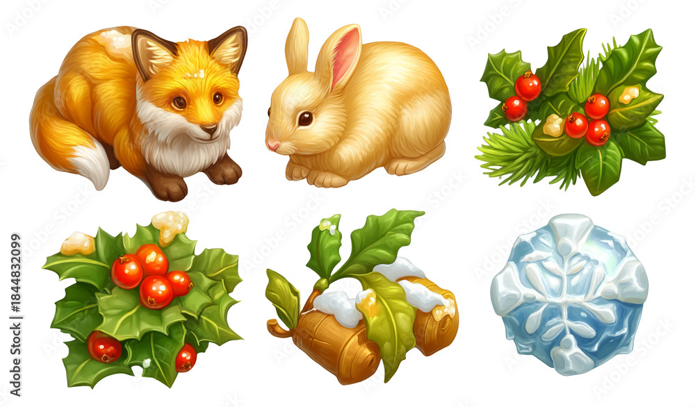 Naklejka premium Adorable Winter Creatures and Decorations in Stylized 3D Illustration