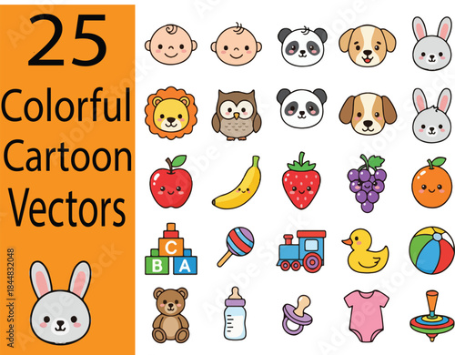  Adorable Cartoon Collection of Baby, Animals, Fruits, and Toysration