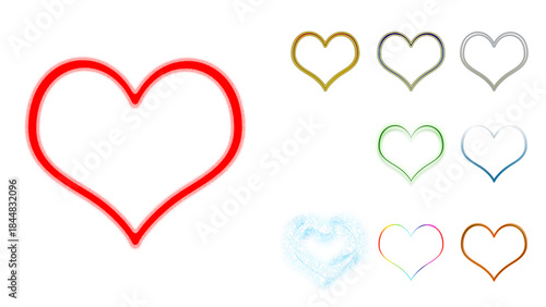 Colorful light glow heart shape symbol for love romance and valentine design, neon luminous heart icon isolated transparent background, editable vector artwork ai illustration file