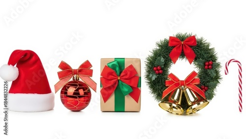 Wallpaper Mural Christmas holiday decorations set santa hat, ornament, gift box, wreath, and candy cane isolated on white background Torontodigital.ca