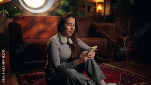 Young woman sitting on the floor at home reacts with sadness while reading news on her smartphone. Cozy interior, evening light, emotional moment, modern lifestyle and mental health concept