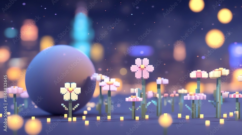 Fototapeta premium Pixel art flowers bloom before a blurred glowing cityscape at night