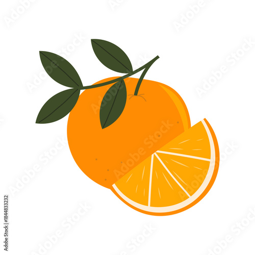 Illustration of Orange with Slice and Leaves