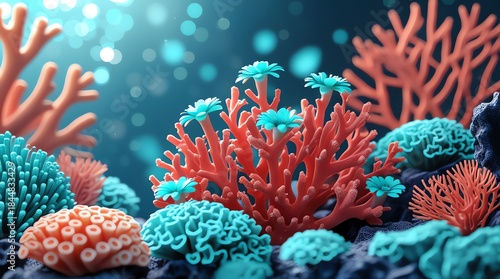 Fototapeta Naklejka Na Ścianę i Meble -  Vivid coral reef with vibrant orange and blue hues under dappled light