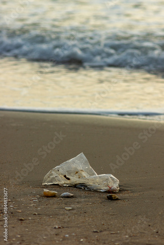 Plastic Waste Scattered on Beach Sand. Plastic waste on beaches is a serious global problem.