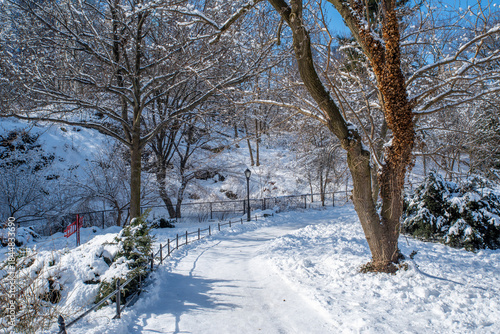 View of Gapstow bridge during winter, Central Park New York City . USA
