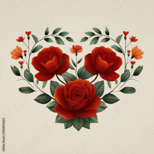 Red rose heart wreath delicate watercolor style romantic floral arrangement with green leaf accents evoking love and elegance