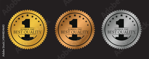 No. 1 Best Quality Label design, circle with number 1 silhouette, vector label in gold, bronze, and silver colors. Suitable for icons, logos, stickers, seals, badges, emblems, stamps, etc.
