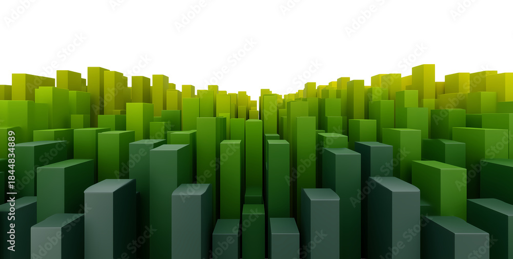 Fototapeta premium Dark green to yellow abstract 3d rectangular blocks forming data landscape from front view isolated on transparent background, png