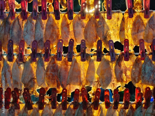 Canvas Print Dried squids are arranged for sale, squid paste, Thai style food.
