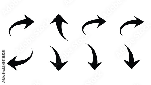 Collection of curved arrow icons in black depicting direction and motion silhouette