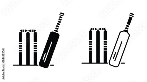 Two cricket bats with wicket design a black and white silhouette