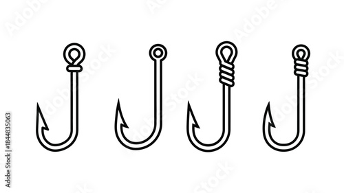 Four distinct fishing hooks displayed in a simple black and white silhouette