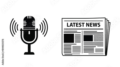 Microphone and newspaper graphic design in a stark black and white silhouette