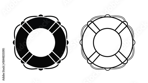 Two life preserver ring designs presented in a stark black and white silhouette