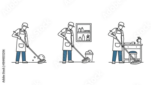 Three stages of cleaning a floor with tools a simple outline silhouette
