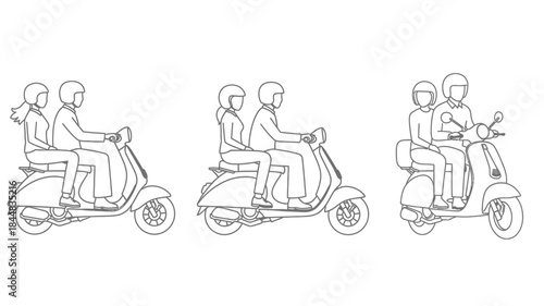 Three scooter rides with passengers a progressive illustration silhouette