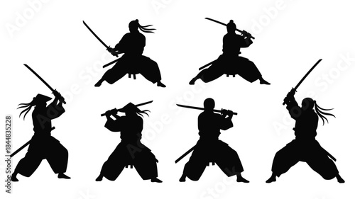 Dynamic samurai warriors in combat poses a striking black silhouette