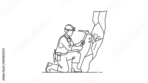 Miner kneeling and using a pickaxe against a rock face silhouette