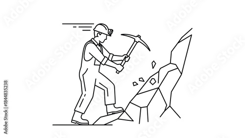 A miner swinging a pickaxe against a rock face silhouette