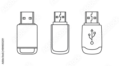 Three usb flash drives in a linear arrangement line art silhouette