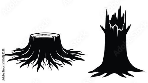 Two tree stumps with roots a striking black and white silhouette