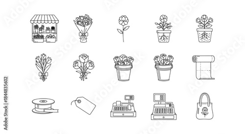 Linear flower shop elements with bouquets, pots, and floral decorations