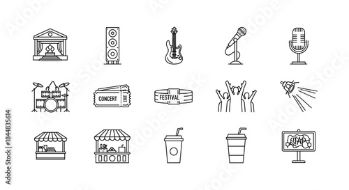 Music and event icons set: linear style for concerts and festivals