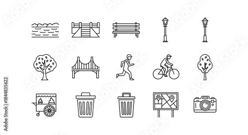 Minimal urban icons set featuring parks, transportation, and recycling