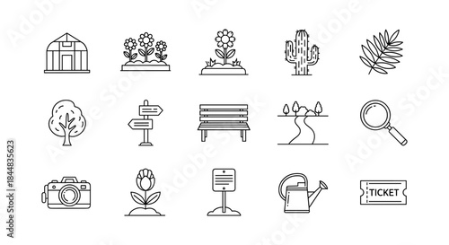 Minimal garden and outdoor line art icons for nature and leisure design