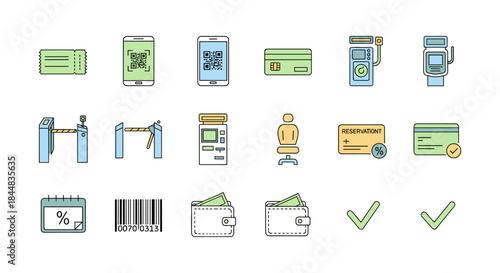 Stylish linear icons of payment, tickets, and access systems for modern applications