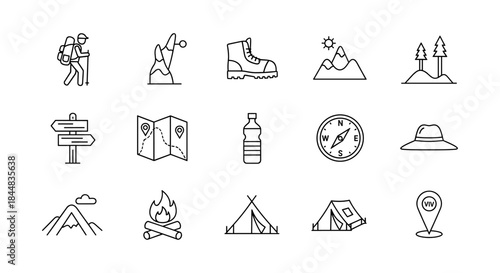 Outdoor adventure icons set: linear style for hiking, camping, and navigation