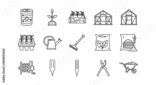 Gardening icons set: tools, greenhouses, plants, and equipment in linear style