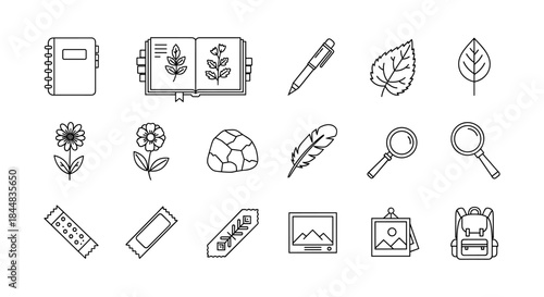 Nature-themed outlined icons: biology, exploration, and adventure essentials for design projects