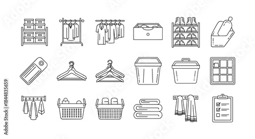 Line art icons of closet and laundry essentials for home organization