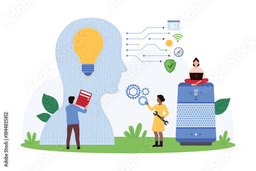 Voice recognition and control of AI personal assistant with smart speaker. Tiny people work light bulb and circuits inside human head, wireless connected speakers cartoon vector illustration