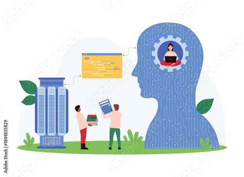 Server and database management using AI. Tiny developers work with artificial intelligence, people develop software code with digital virtual assistant inside human head cartoon vector illustration