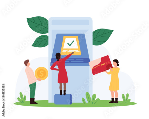 Withdrawing money from bank account at ATM, automated transaction. Tiny people holding credit card to withdraw wages, transfer deposit cash, using electronic terminal cartoon vector illustration