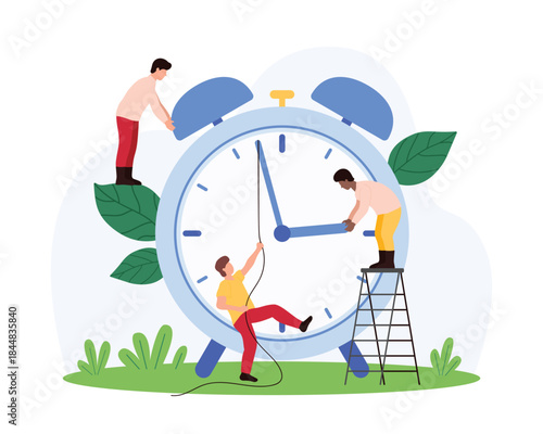 Time management strategy with efficiency, schedule accuracy and appointments organization. Tiny people pull clock hand back on rope to stop countdown and deadline delay cartoon vector illustration