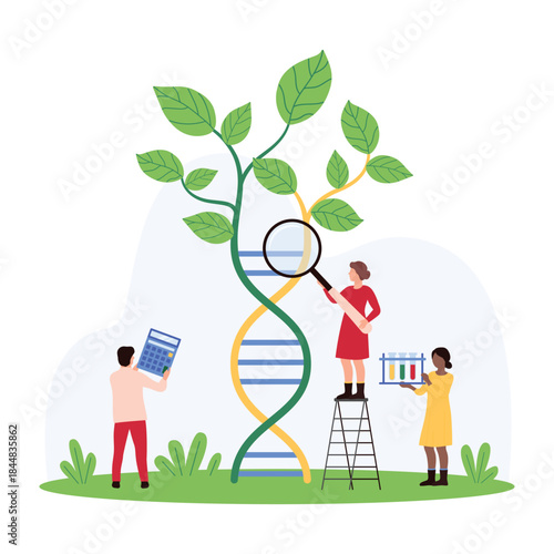 Researchers examining a large DNA helix intertwined with plant leaves. One uses a magnifying glass, another holds test tubes, and a third person calculates data vector illustration