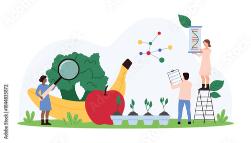 Group of scientists analyzing genetic makeup of fruits and plants using various scientific tools and charts. Magnifying glass and DNA strands in focus vector illustration.