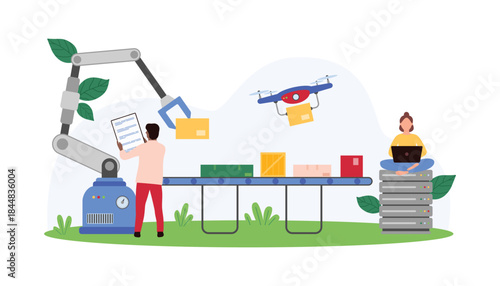 Delivery or warehouse warehouse, automated postal service with conveyor belt on smart packaging line. Tiny people, drone and robot packing boxes in storehouse center cartoon vector illustration