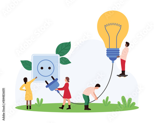 Success creative idea development and innovation generation, inspiration and brainstorm. Tiny people connect plug and socket to switch light bulb into power supply cartoon vector illustration