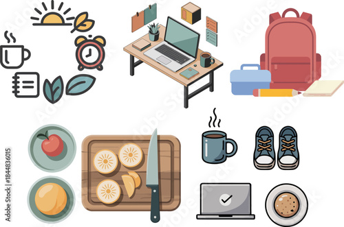 Tuesday morning routine with coffee breakfast work and sunny icons